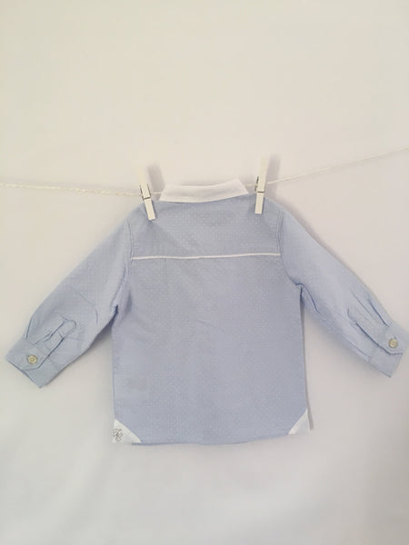 Chemise bleu, manches longues, à pois blancs