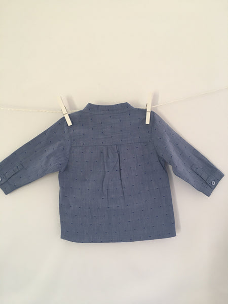 Chemise col rond manches longues bleu, pois bleu